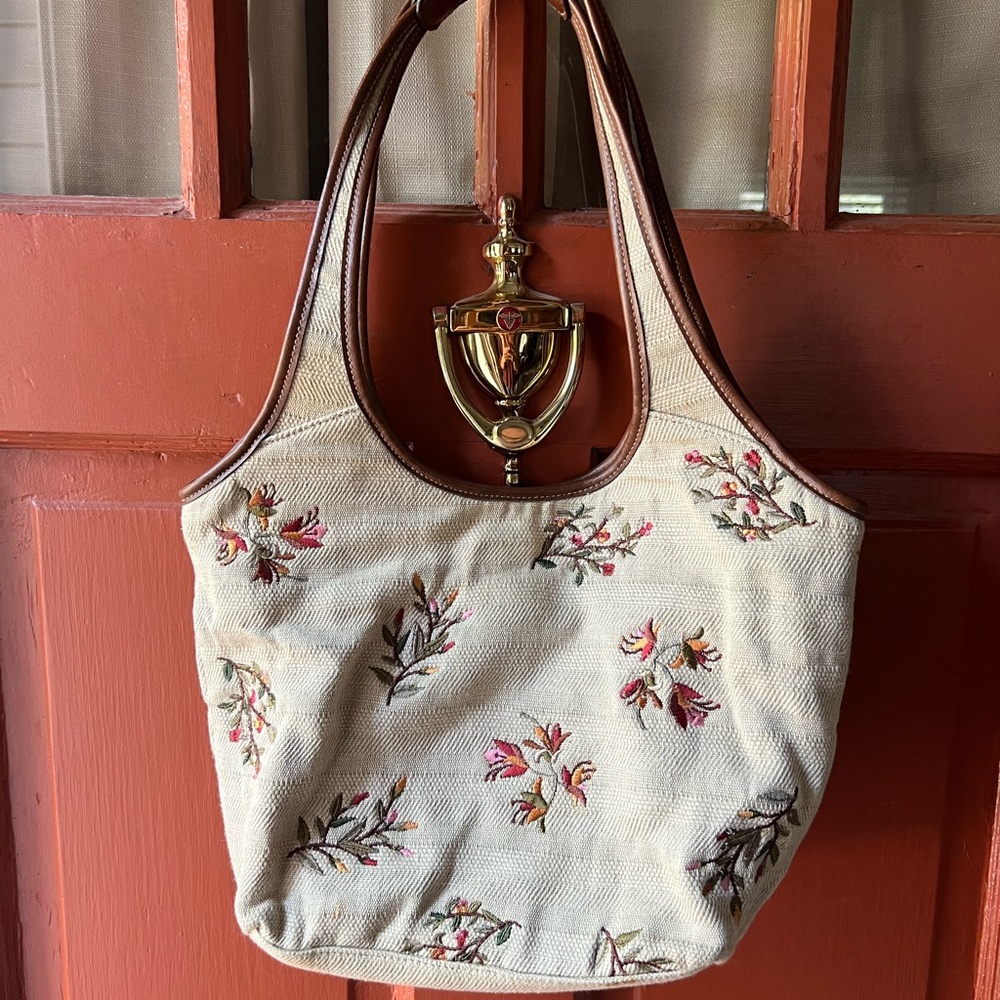 Vintage Smartlyte Floral Embroidered Cream Tote Bag